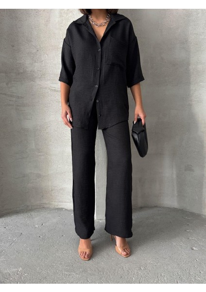 Siyah Keten Dokulu Oversize Gömlek ve Palazzo Pantolon Takım indirimleri