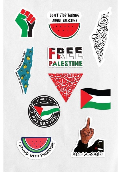 Filistin Temalı Etiket Sticker Seti 10'lu - Free Palestine Sticker Laptop Telefona Uygun