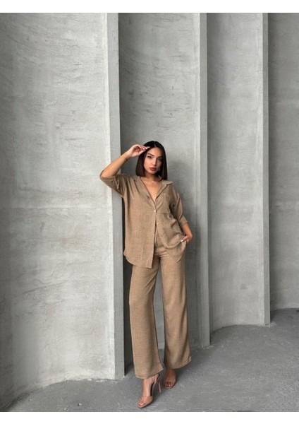 Bej Keten Dokulu Oversize Gömlek ve Palazzo Pantolon Takım