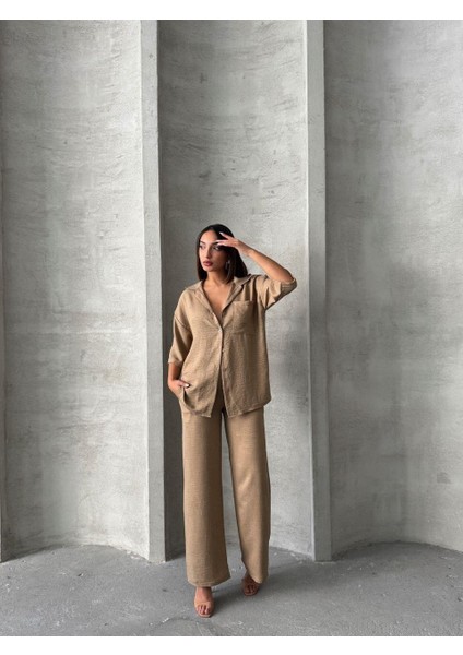 Bej Keten Dokulu Oversize Gömlek ve Palazzo Pantolon Takım