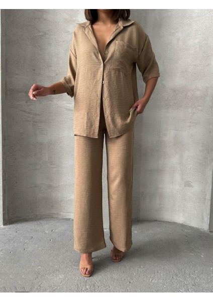 Bej Keten Dokulu Oversize Gömlek ve Palazzo Pantolon Takım