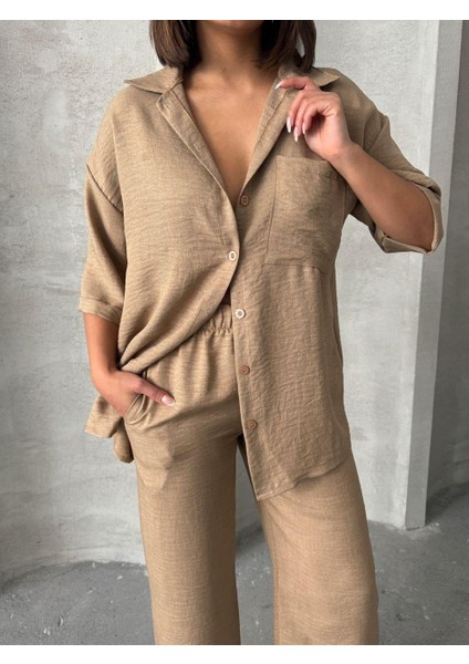 Bej Keten Dokulu Oversize Gömlek ve Palazzo Pantolon Takım