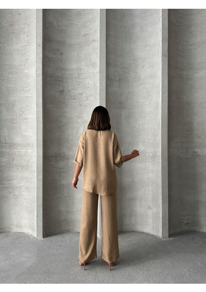 Bej Keten Dokulu Oversize Gömlek ve Palazzo Pantolon Takım