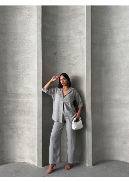 Gri Keten Dokulu Oversize Gömlek ve Palazzo Pantolon Takım