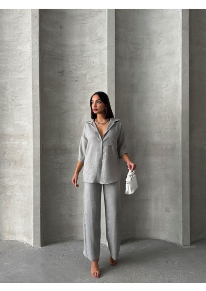Gri Keten Dokulu Oversize Gömlek ve Palazzo Pantolon Takım fiyatları