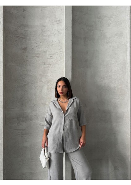 Gri Keten Dokulu Oversize Gömlek ve Palazzo Pantolon Takım modelleri