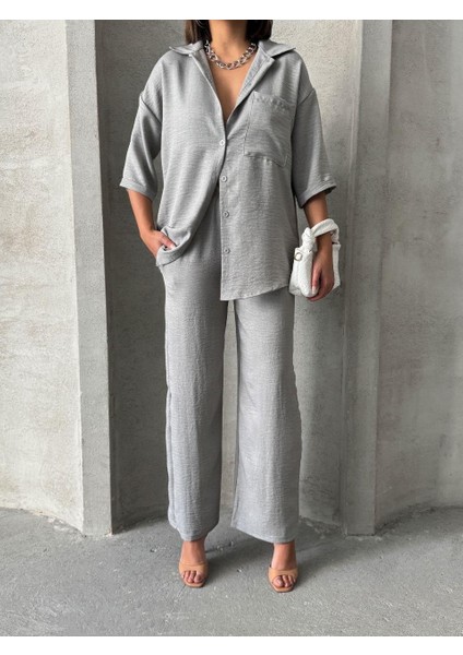 Gri Keten Dokulu Oversize Gömlek ve Palazzo Pantolon Takım fırsatları