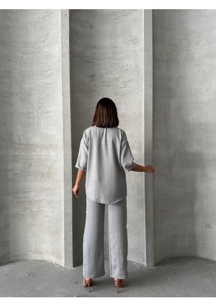 Gri Keten Dokulu Oversize Gömlek ve Palazzo Pantolon Takım indirimleri