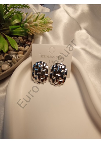 Silver Büyük Boy Hasır Detaylı Çelik Küpe