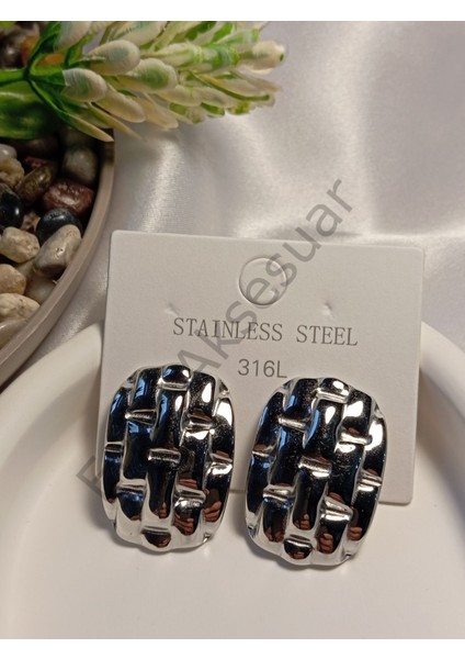 Silver Büyük Boy Hasır Detaylı Çelik Küpe modelleri