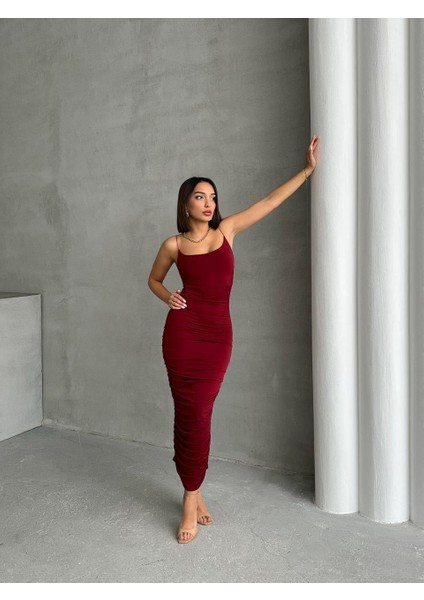 Bordo Askılı Büzgülü Uzun Elbise