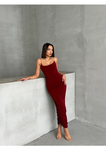 Bordo Askılı Büzgülü Uzun Elbise fiyatları