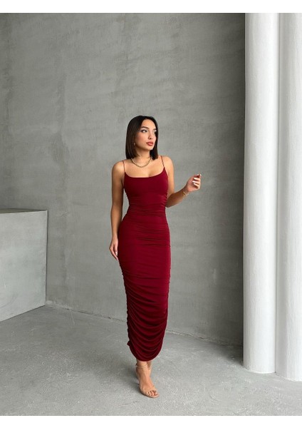 Bordo Askılı Büzgülü Uzun Elbise modelleri