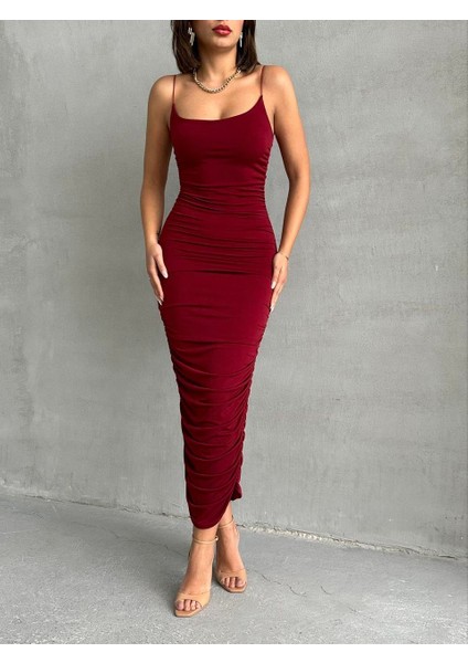 Bordo Askılı Büzgülü Uzun Elbise indirimleri