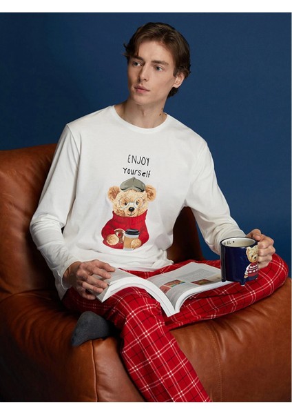 Lc Waıkıkı Ekru Standart Kalıp Ayı Teddy Baskılı Erkek Pijama Takımı