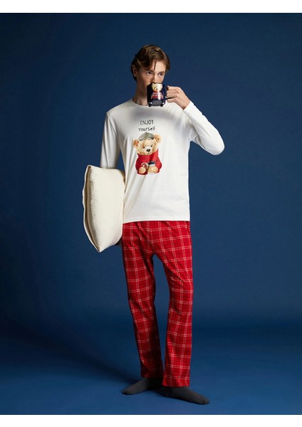 Lc Waıkıkı Ekru Standart Kalıp Ayı Teddy Baskılı Erkek Pijama Takımı