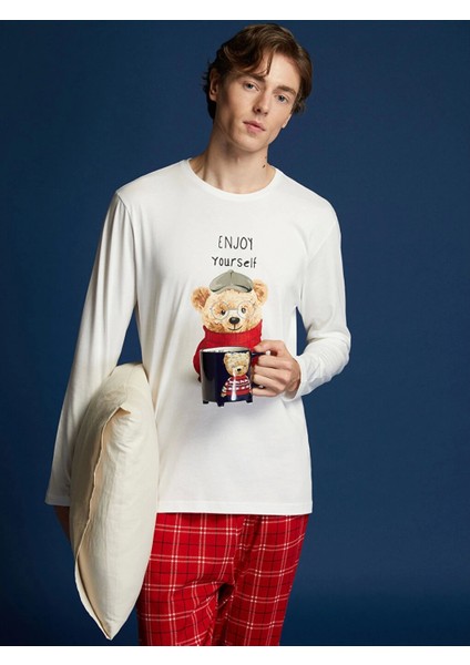 Lc Waıkıkı Ekru Standart Kalıp Ayı Teddy Baskılı Erkek Pijama Takımı