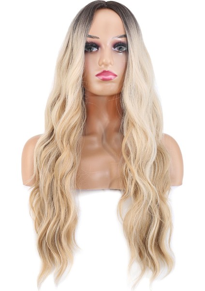 Uzun Su Dalgası Fiber Sentetik Peruk / Kumral / Bal Köpüğü Ombre ve Platin Röfleli