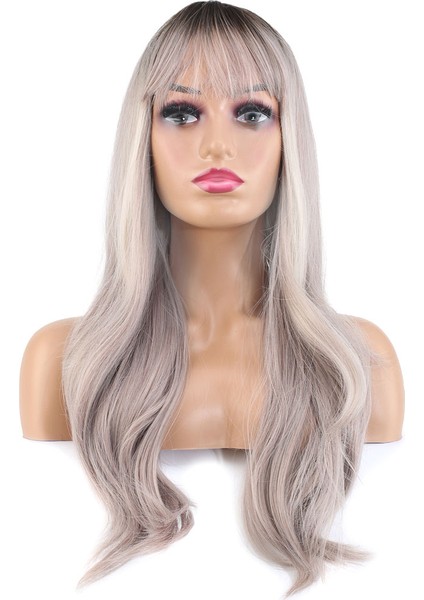 Doğal Dalgalı Perçemli Fiber Sentetik Uzun Boy Peruk / Koyu Kumral / Açık Rus Kumralı Ombre ve Röfleli