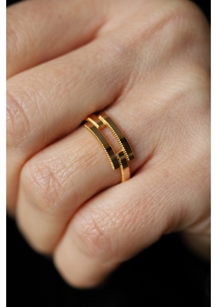 14 Ayar Altın Ajda Desenli İkili Kaburga Yüzük