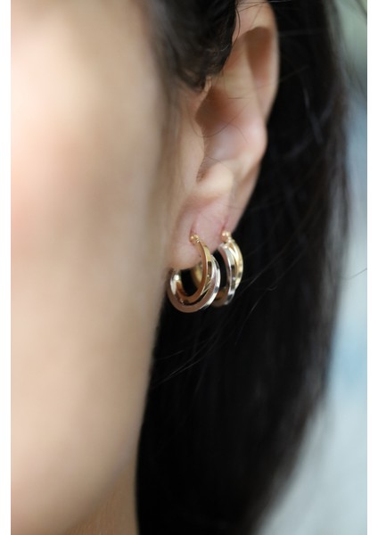 14 Ayar Altın Çift Renkli İç İçe Halkalar Küpe 2