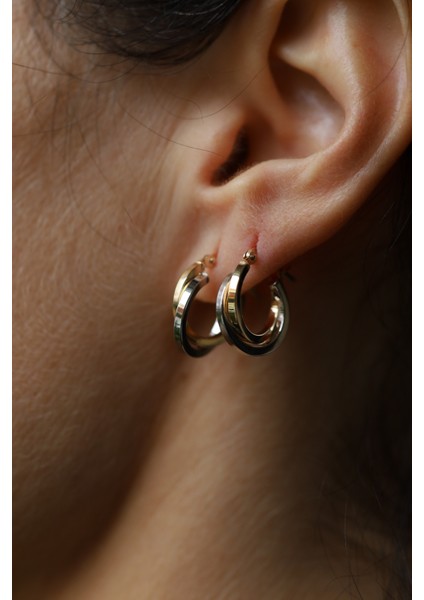 14 Ayar Altın Çift Renkli İç İçe Halkalar Küpe 2 fırsatları