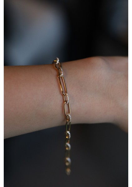 14 Ayar Altın Taş Detaylı Oval Ataç Bileklik