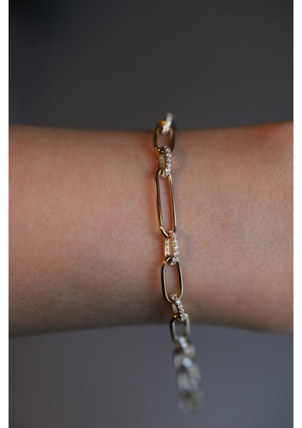 14 Ayar Altın Taş Detaylı Oval Ataç Bileklik modelleri