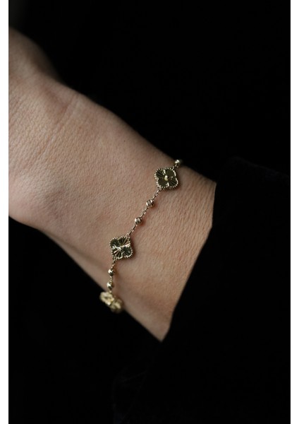 14 Ayar Altın Dorika Detaylı Şans Yoncaları Bileklik 2