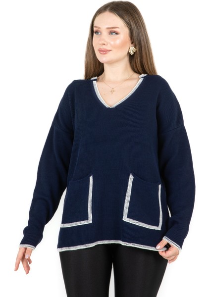 V Yaka Cepli Kazak Lacivert fiyatları