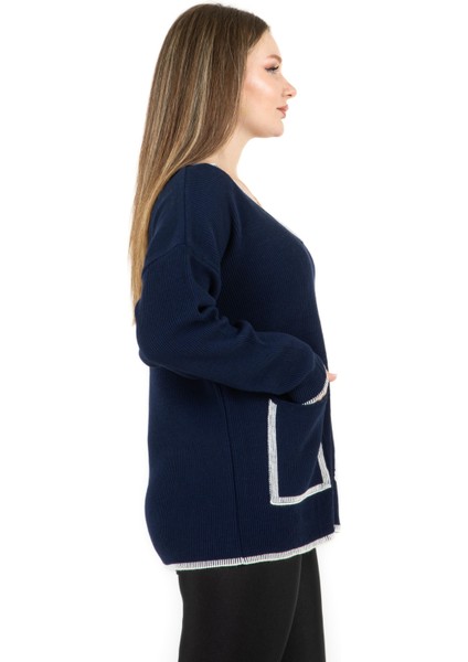 V Yaka Cepli Kazak Lacivert fırsatları