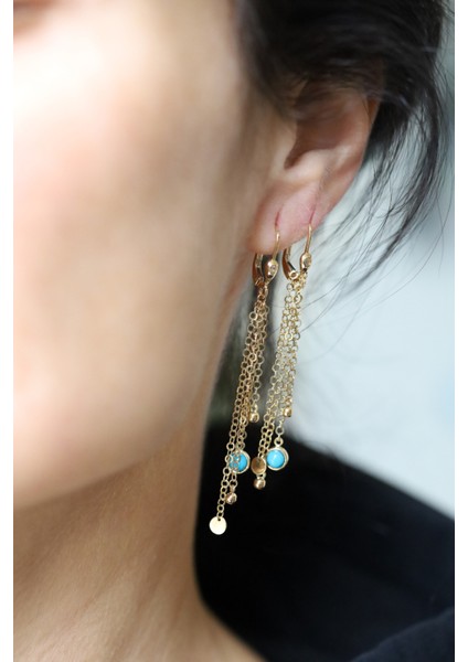 14 Ayar Altın Firuze Taş Detaylı Zincir Sallantılı Küpe