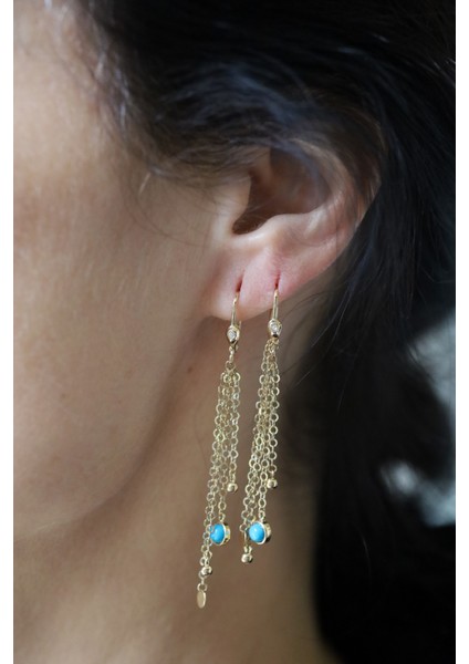 14 Ayar Altın Firuze Taş Detaylı Zincir Sallantılı Küpe fiyatları