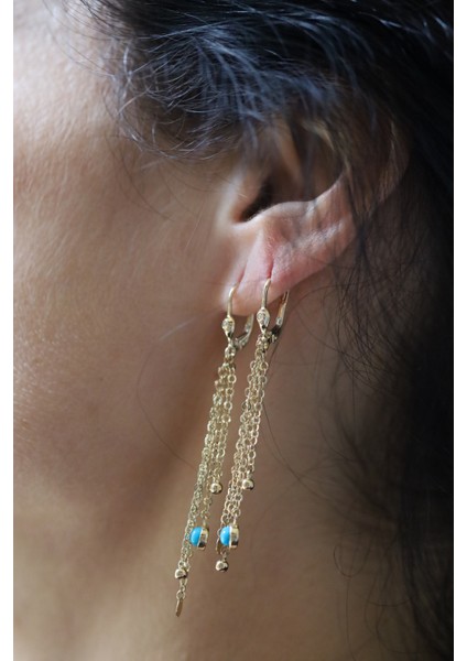 14 Ayar Altın Firuze Taş Detaylı Zincir Sallantılı Küpe modelleri