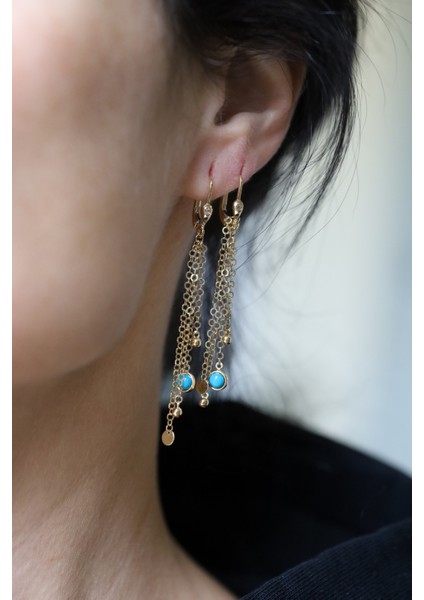 14 Ayar Altın Firuze Taş Detaylı Zincir Sallantılı Küpe fırsatları