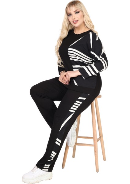 Butik Siyah Truvakar Kol Yarım Çizgi Garnili Viskon Büyük Beden Takım