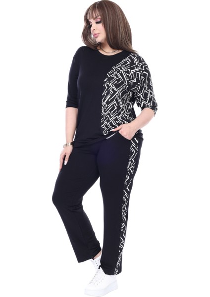 Butik Siyah Truvakar Kol Yarım Zigzag Garnili Viskon Büyük Beden Takım fiyatları