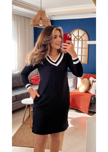 Kadın Uzun Kollu V Yaka Şeritli Iki Iplik Salaş Elbise