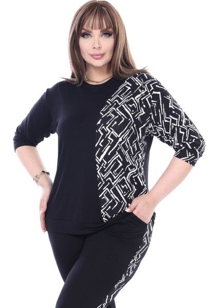 Butik Siyah Truvakar Kol Yarım Zigzag Garnili Viskon Büyük Beden Takım
