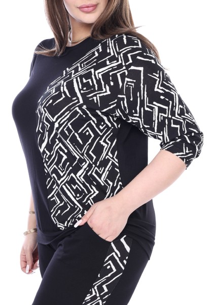 Butik Siyah Truvakar Kol Yarım Zigzag Garnili Viskon Büyük Beden Takım