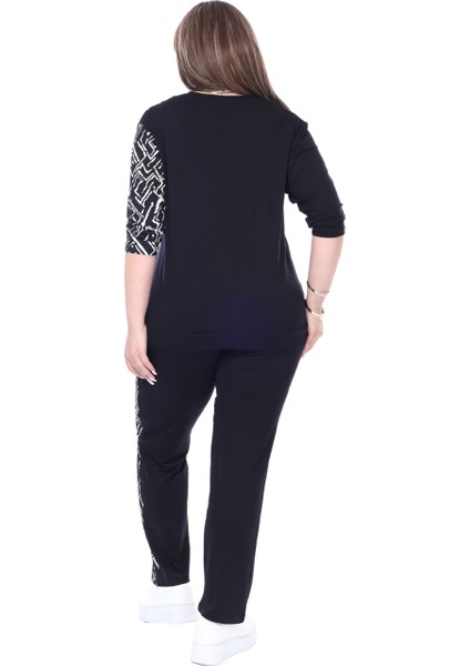 Butik Siyah Truvakar Kol Yarım Zigzag Garnili Viskon Büyük Beden Takım