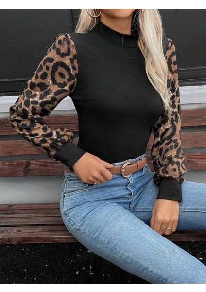 Kadın Uzun Kollu Yarı Balıkçı Yaka Leopar Detaylı Kaşkorse Bluz