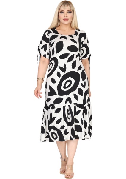 Butik Beyaz Nazar Desen Kolları Bağlamalı Kısa Kollu Elbise