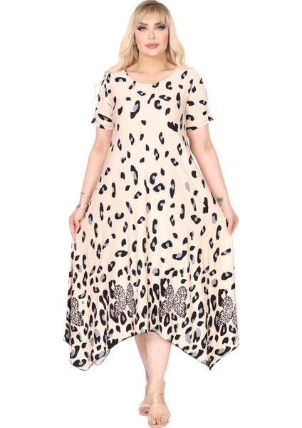 Butik Bej Sulu Leopar Desenli Asimetrik Kısa Kollu Elbise