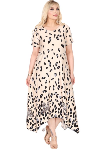 Butik Bej Sulu Leopar Desenli Asimetrik Kısa Kollu Elbise modelleri