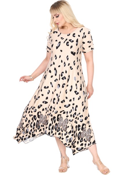 Butik Bej Sulu Leopar Desenli Asimetrik Kısa Kollu Elbise fırsatları