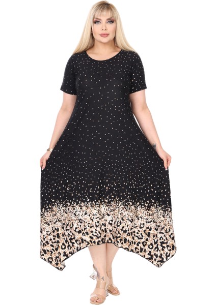 Butik Siyah Puanlı Eteği Leopar Desen Asimetrik Kısa Kollu Elbise