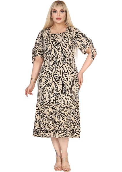 Butik Ekru Yaprak Desen Kolları Bağlamalı Kısa Kollu Elbise