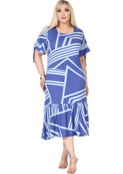 Butik Mavi Çizgili Desen Kolları Bağlamalı Kısa Kollu Elbise