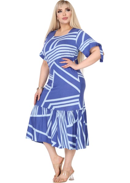 Butik Mavi Çizgili Desen Kolları Bağlamalı Kısa Kollu Elbise